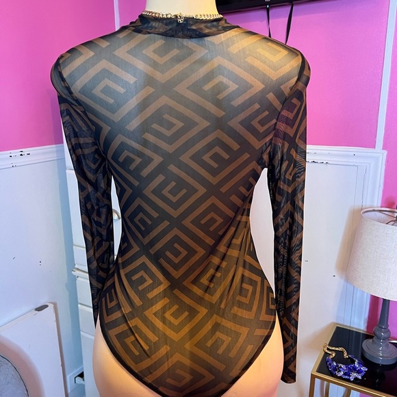 Black and Brown Geometric Long Sleeve Bodysuit - Picture 2 of 4